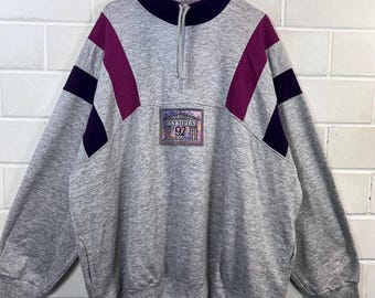 Vintage Sweatshirt 4XL Oversized 90s Olympia 92 Barcelona Grau Lila Half Zip Pullover