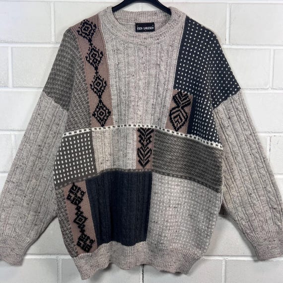 90s Vintage Strickpullover Enzo Lorenzo Patchwork Muster Beige Grau Schwarz | Wool Blend Knit Sweater L Oversize