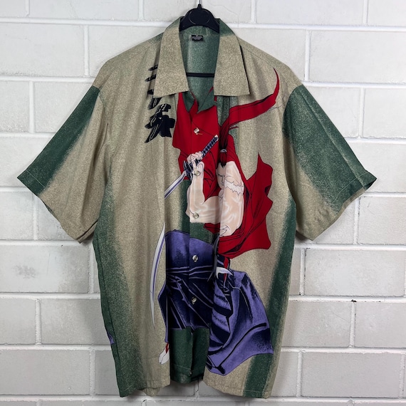 90s Anime Hemd XL Vintage Samurai Shirt Grün Rot – Y2K Graphic Print Shirt Oversized