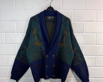 Vintage Cardigan Tamaño L patrón loco Chaqueta de punto cardigan 80s 90s