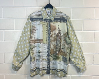 Blusa vintage para mujer, talla M - L, estampado loco, blusa de viscosa, manga larga, manga larga, años 80 y 90