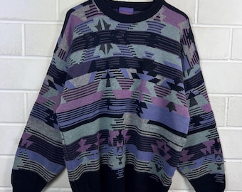 Vintage 90s Aztec Sweater XL Ethno Knit Pullover Lila Türkis
