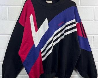 Felpa Adidas XXL Vintage anni '90 nera color block girocollo oversize Trefoil Pullover