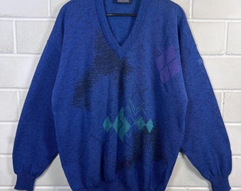 Vintage 90s Bueckle Strickpullover Blau V-Ausschnitt Knit Sweater Men L