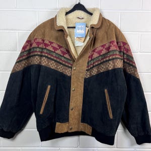 Veste en cuir suédé Navajo vintage Deadstock Taille XL - XXL Veste en daim à motif fou Veste bomber Blouson années 80 90