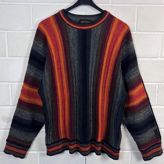 Vintage Carlo Colucci Pullover M Striped Knit Sweater Merinowolle Herren Strickpullover Orange Grau