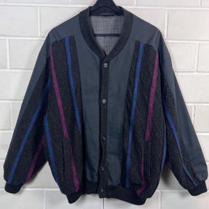 90s Knit Bomber Jacket Vintage Cardigan L Pattern Cardigan Jacket Dark Grey Purple Blue Retro Knit Jacket Unisex