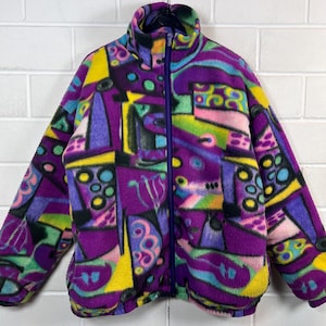 Vintage Fleece Jacket 90s Crazy Pattern XL Lined Fleece Jacket Thick Warm Retro Jacket