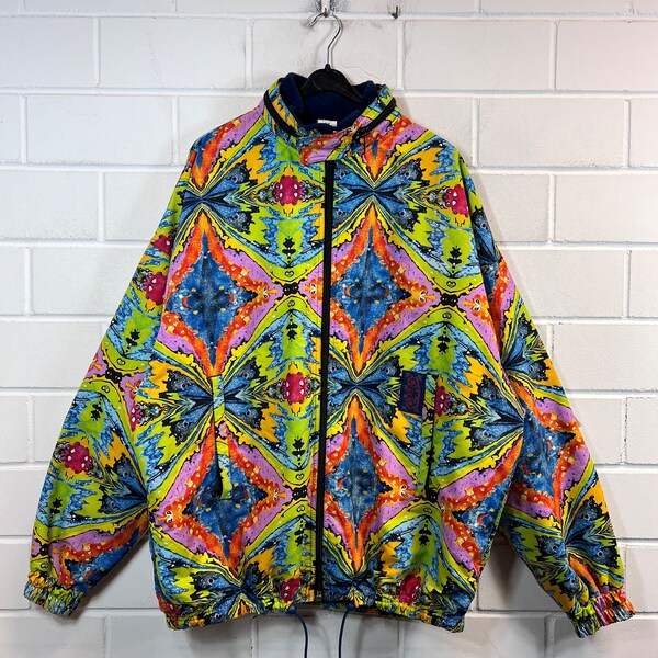 Vintage OXBOX Size XXL crazy pattern lined Transitional Jacket Windbreaker Fleece Hoodie 90s