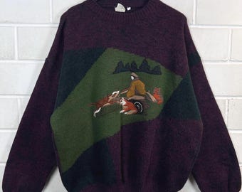Vintage wollen trui uit de jaren 90, maat XXL, gemaakt in Italië. Cabin Core trui, gebreide trui voor buiten, hertenhond.