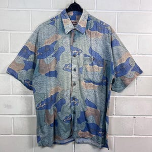 90s Pattern Short Sleeve Shirt L – Vintage Viscose Shirt Blue Green Abstract Retro