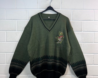 Vintage Pullover Size L/XL Knit Sweater Jumper Embroidery V-Neck 80s 90s