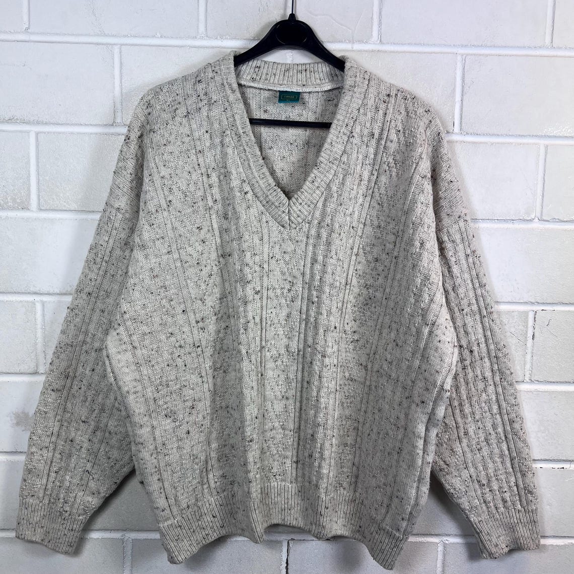 90s V-Neck Pullover Beige Melange Strickpullover XL Wool Blend Vintage Sweater, Foto 1 von 5