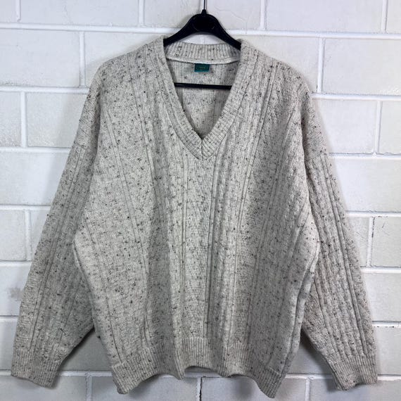 90s V-Neck Pullover Beige Melange Strickpullover XL Wool Blend Vintage Sweater