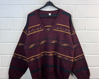 Vintage Pullover Size M - L crazy pattern Knit Sweater V-Neck 80s 90s