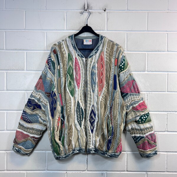 Vintage COOGI Size L/XL crazy pattern lined Knit Jacket Cardigan Knit 80s 90s