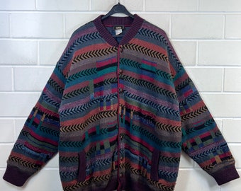 Vintage Globetrotter Size XXL crazy pattern lined Cardigan Wool Jacket Strickjacke Knit Wear 80s 90s