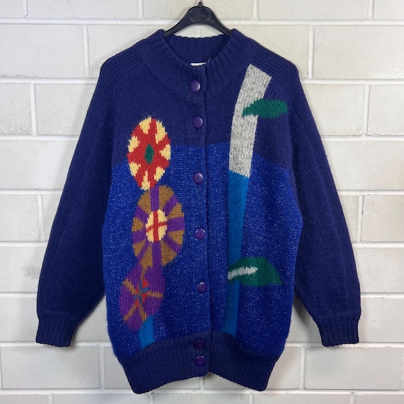 Vintage Knit Cardigan Damen M 90s Crazy Pattern Blau Wolle Lurex Strickjacke