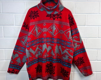 Vintage Fleecepullover Size L crazy pattern Fleece Sweater Rollneck 80s 90s