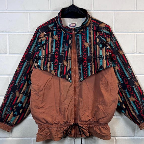 90s Pattern Windbreaker M L Oversize Shell Jacket Boho Aztec