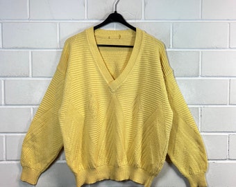 Vintage Pullover Size M - L Knit Sweater Strickmuster V-Neck Yellow 80s 90s