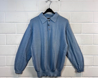 Vintage Pullover Size M Polo Knit Sweater Jumper Quarter blue 80s 90s