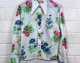 Vintage 70s Floral Blouse Women Size L – Langarm Blumen Bluse – Spitzer Kragen – 70er Jahre Hemdbluse