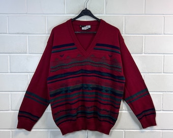 Vintage Pullover Size M - L crazy pattern Sweater Jumper Merino Wool V-Neck 80s 90s