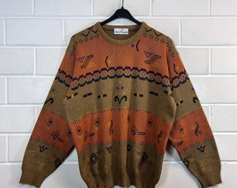 vintage Pullover Taille M - L motif fou Knit Sweater Jumper Cosby 80s 90s
