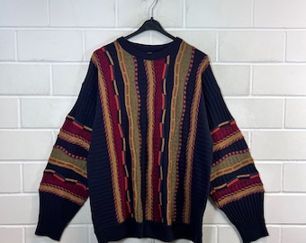 Vintage Pullover Size L crazy pattern Knit Sweater Jumper Stripes 80s 90s