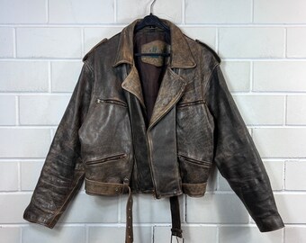 Vintage heavy Biker Leather Jacket Size L Lederjacke brown 80s 90s