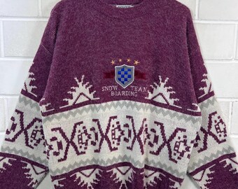 Maglione vintage lavorato a maglia, taglia S, modello anni '90, pullover viola, grafica snowboard nordico, oversize