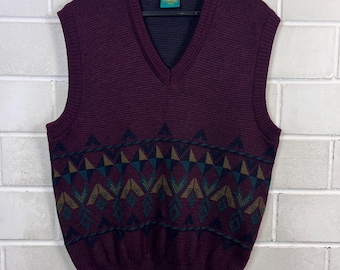 Gilet vintage con scollo a V – Canda – Gilet in maglia anni '90 – Misto lana – Bordeaux verde – Unisex – Taglia M–L