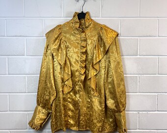 Blusa de declaración vintage talla de mujer XL - XXL blusa de patrón loco volantes festival oro 80s 90s