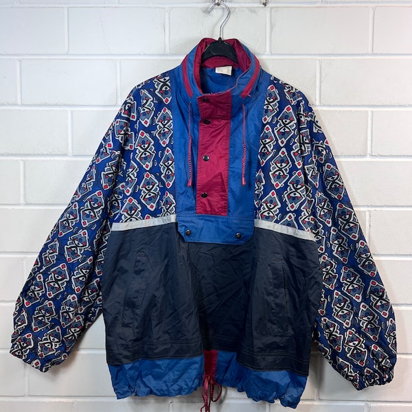 Vintage Size XL crazy pattern Windbreaker Rain Jacket Hoodie Quarterzip 80s 90s