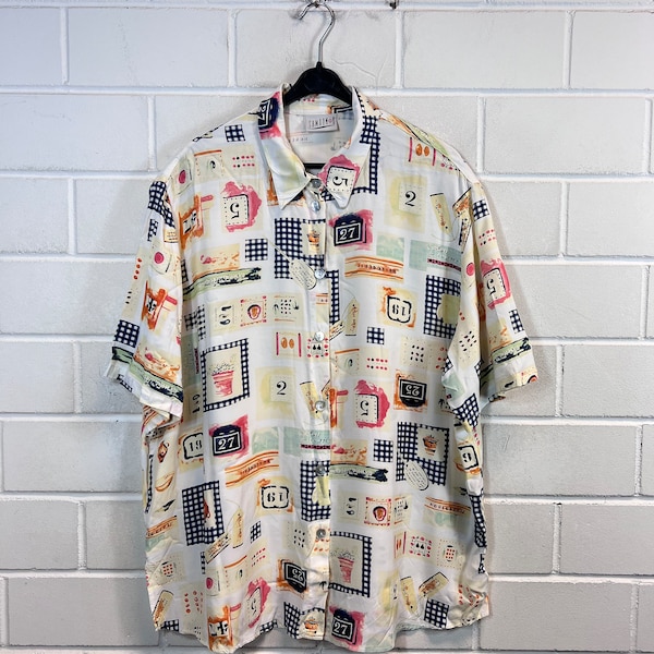 Vintage Bluse Women Size XL - XXL crazy pattern Viscose Blouse 80s 90s