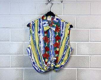 Vintage blouse damesmaat L - XL gek patroon bloemenblouse viscose mouwloos jaren '80 jaren '90