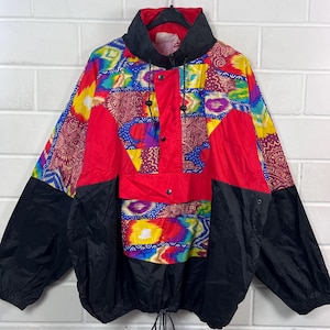 90s Windbreaker Jacket Multicolor Pattern – Vintage Anorak Jacket XL – Colorblock Festival Jacket Retro Outdoor Jacket