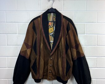 Vintage Size XL crazy pattern lined Suede Leather Jacket Wildlederjacke Bomber Blouson 80s 90s