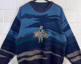 Vintage Herren Pullover Größe M | Figur Motiv Knit Sweater | 90s Pattern Jumper | Wool Acrylic Blend