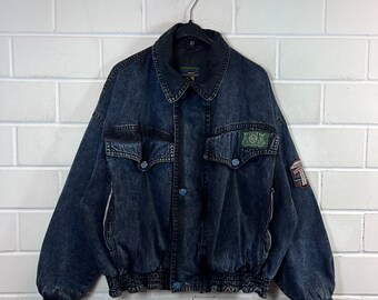 Vintage lined Denim Jacket Size XL - XXL Jeansjacke Bomberjacket Patches dark blue 80s 90s