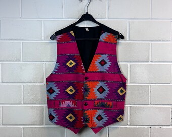 Vintage Size M Ethno Navajo crazy pattern woven Vest woven Made in Guatemala 80s 90s