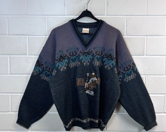 Vintage Pullover Size M crazy pattern Knit Sweater Jumper Embroidery V-Neck 80s 90s