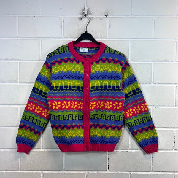 Vintage United Colors of Benetton Women’s Size XS - S pure new Wool Cardigan crazy pattern Knit Jacket 80s 90s