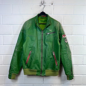 Vintage Puma Leather Jacket Size M Blouson Bomber Green 90s