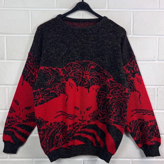 Vintage 90s Damen Pullover S Glitzer Katze Strickpullover Retro