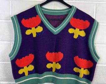 ヴィンテージニットベスト クロップド丈 レディース XL パープル柄セーターベスト 90年代風 花柄ニットプルオーバー Vネック