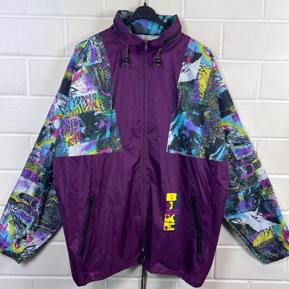 90s Vintage Windbreaker Jacket Purple Pattern Biker Style Jacke L