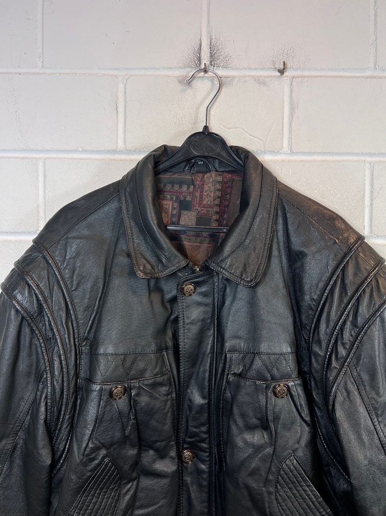 Giacca in pelle vintage Taglia M/L Giubbotto bomber in giubbotto in pelle nero anni '80 e '90 immagine 8