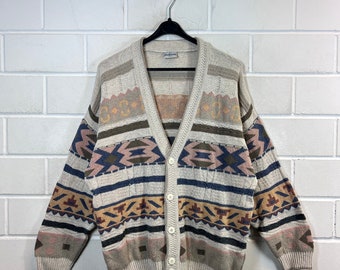 Vintage Cardigan Size M/L Ethno crazy pattern Knit Jacket 80s 90s